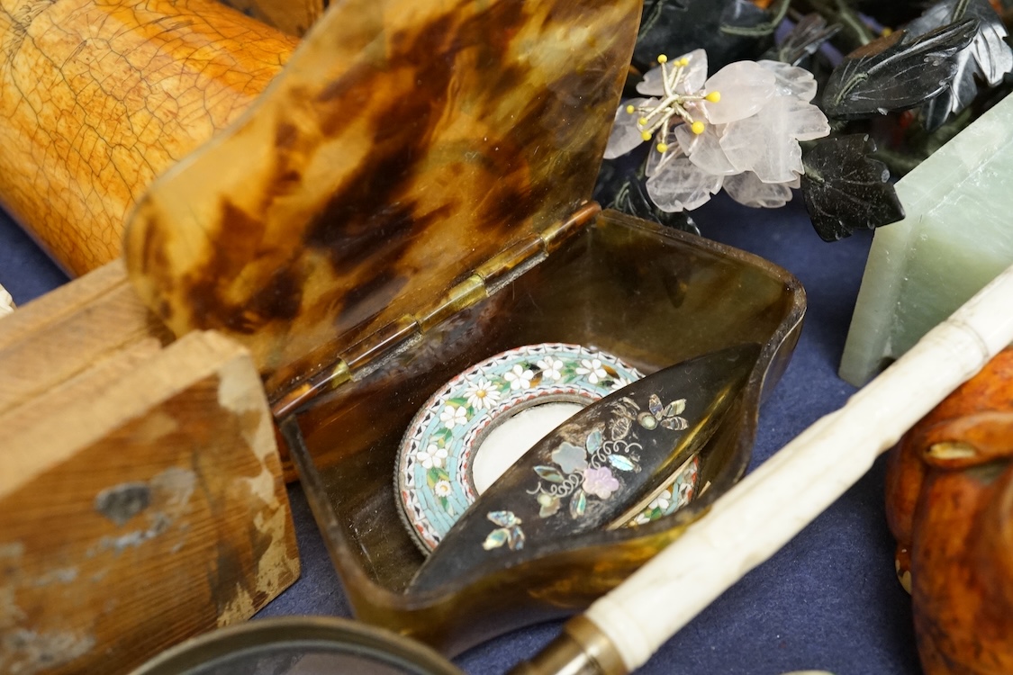 A group of mixed collectables including postcards, bone items, Chinese miniature hardstone flowers, etc.